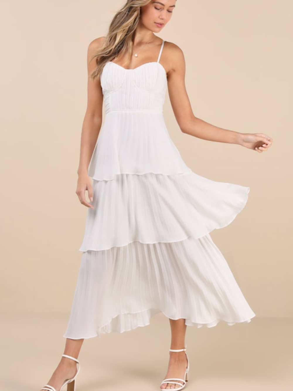 Lulus Cascading Crush White Tiered Bustier Midi Dress - Size L
